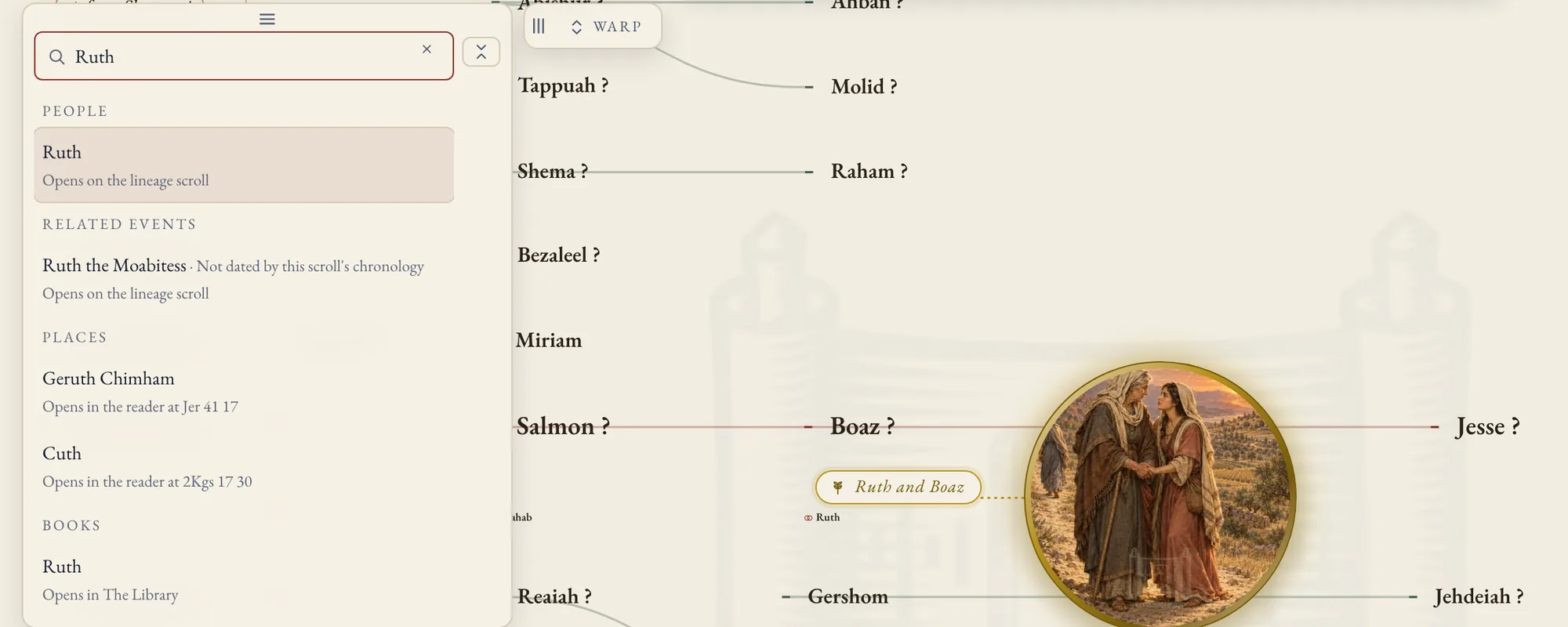 Search opened with Ruth typed: the results grouped under People (Ruth, opens on the scroll), Related events (Ruth the Moabitess), Places and Books (Ruth, opens in the Library); behind it the time of the Judges, with Salmon, Boaz and Jesse on the line and the gold coin of Ruth and Boaz
