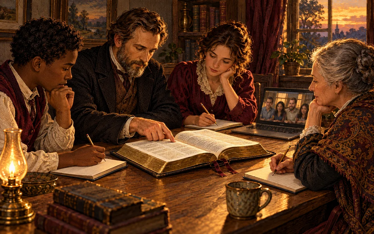 People of different ages studying an open Bible together at an evening table, each with a notebook, and a small group joining on a laptop