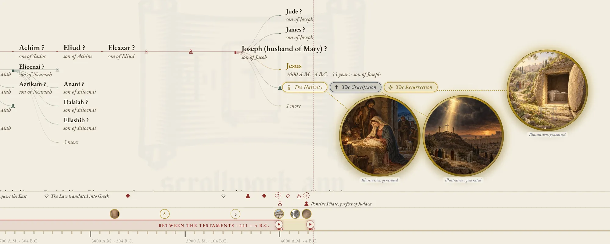 The Lineage of Jesus Christ from 600 B.C. to A.D. 33: the line of descent through Eliud and Eleazar to Joseph, the husband of Mary, and to Jesus Christ, with the coins of the Nativity, the Crucifixion and the Resurrection beside Him, and above the band Between the Testaments the events and finds of the time; warp it into one era or any span of years, and the strip of related events and the band of archaeological finds show what the time holds