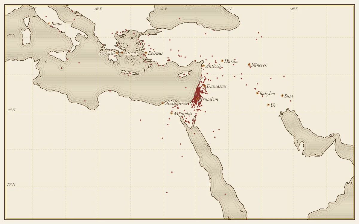 A first sketch of a map: the Mediterranean and the Near East on Natural Earth’s land (public domain), engraved in walnut and gold, every place in Scrollwork that has coordinates a maroon dot, thickest in the Holy Land