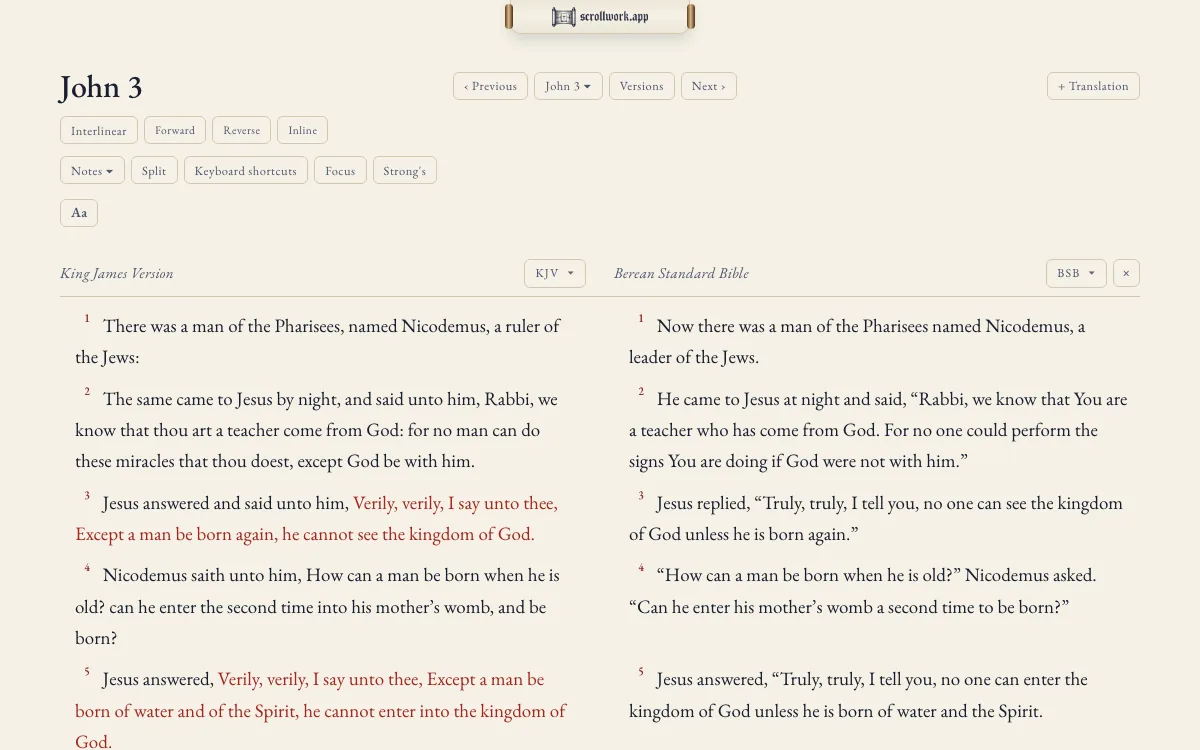 John 3 in two columns side by side, the King James Version and the Berean Standard Bible, verse beside verse, the words of Christ in red in the King James