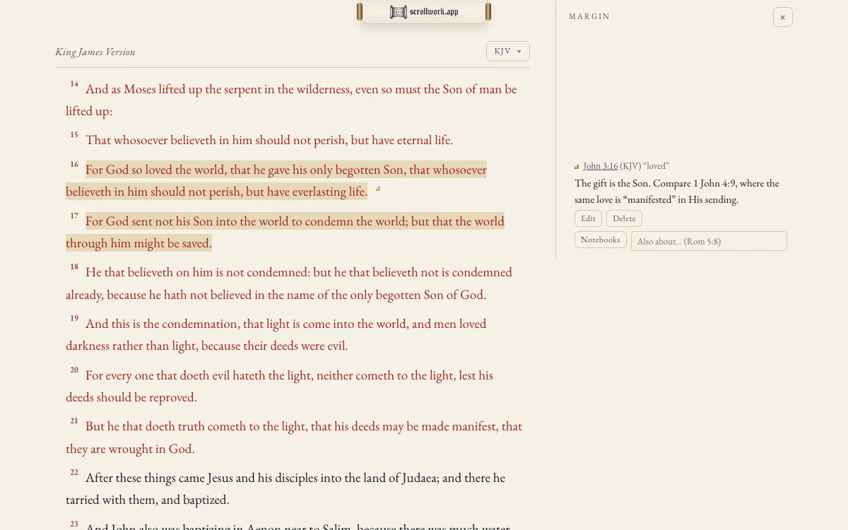 John 3 with verses 16 and 17 highlighted in gold, and the margin open beside them holding a note on John 3:16