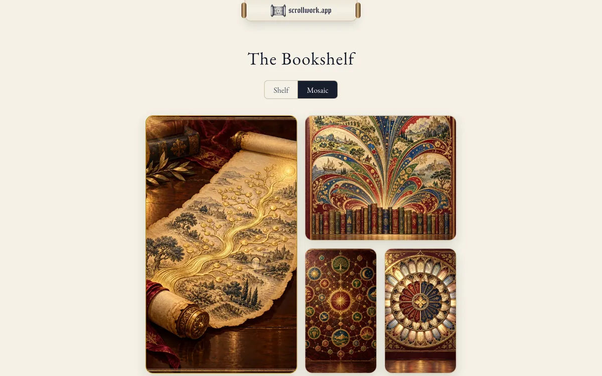 The Bookshelf laid out as a Mosaic: illustrated covers in gold, crimson and blue of different sizes, the Lineage&rsquo;s scroll largest, with the Shelf and Mosaic choice above them